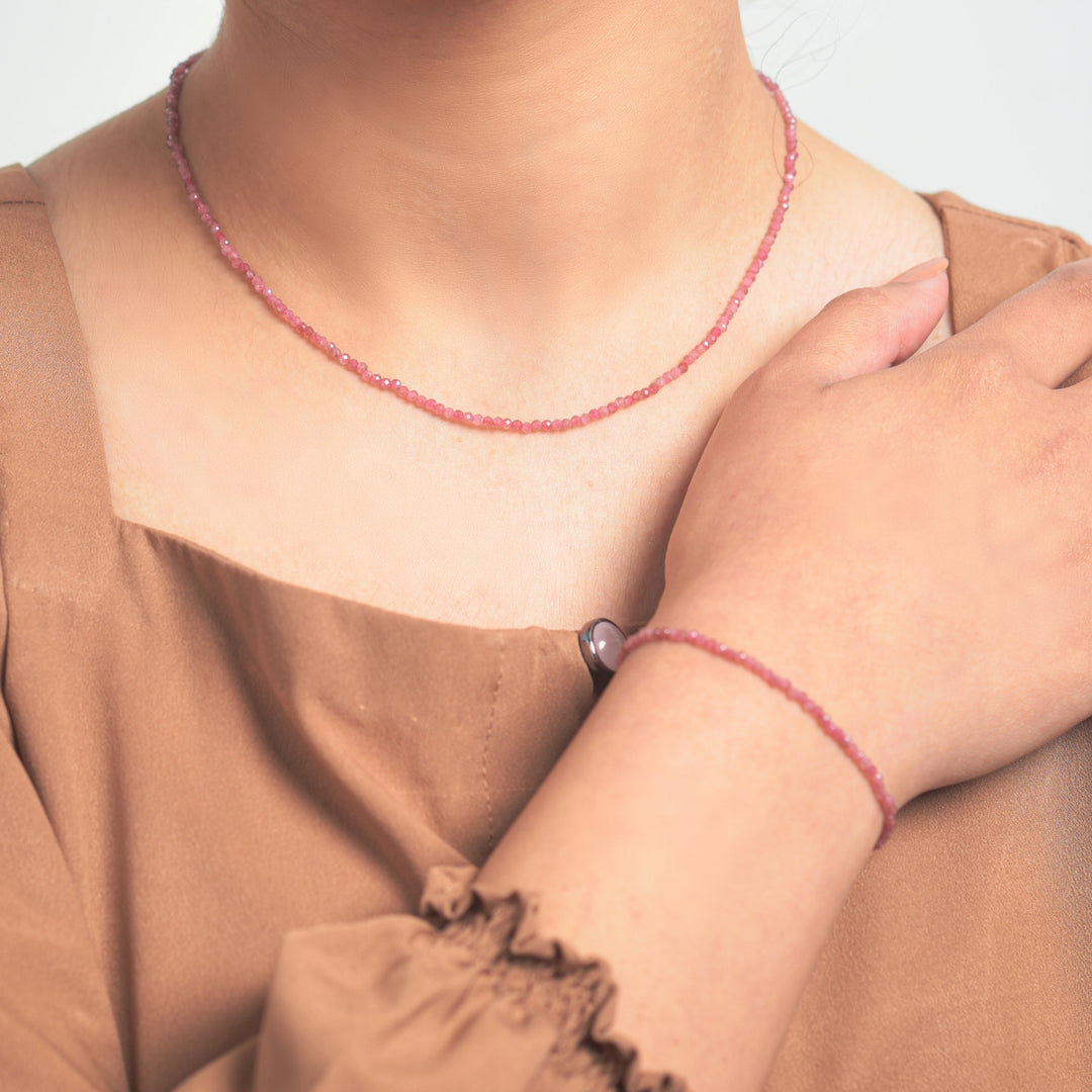 Lustrous Crystal Age Pink Tourmaline Beaded  Bracelet and Necklace Set