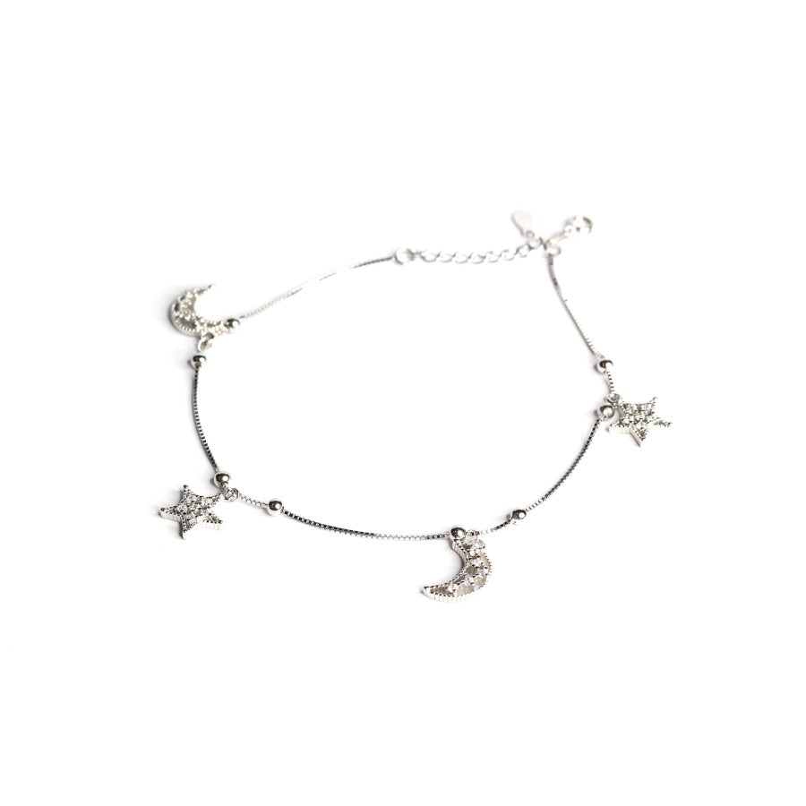 Sterling Silver Crystal Star & Moon Anklet for Women